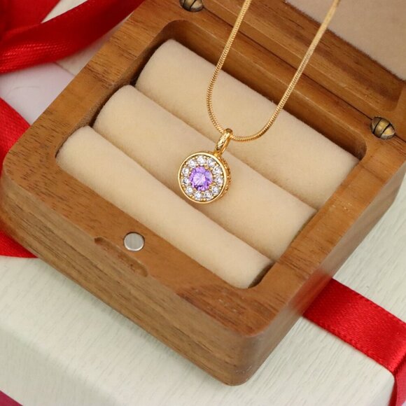 "Round Purple Crystal Pendant in Rose Gold with Halo, XPPT1590 - Picture 6 of 13